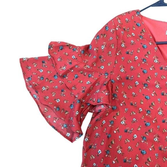 She + Sky Women SZ Large Maroon Floral Multi Mini Dress-Bell Sleeve-Pullover - Picture 11 of 13